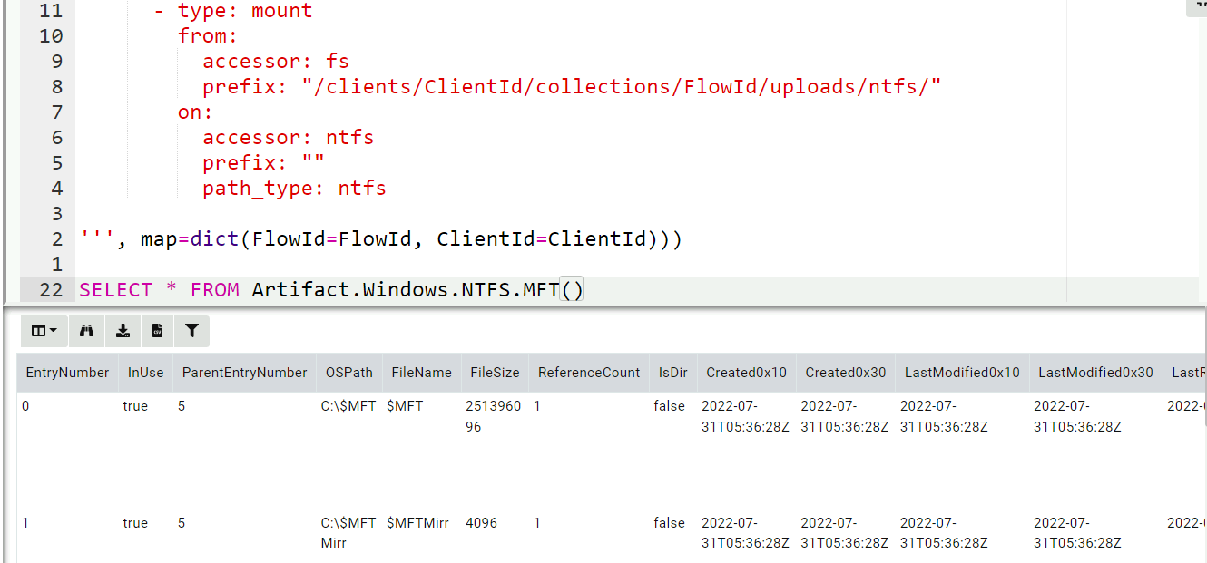 Parsing of $MFT on the server with filestore remapping
