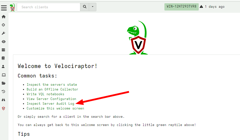 The servers audit log is linked from the Welcome page