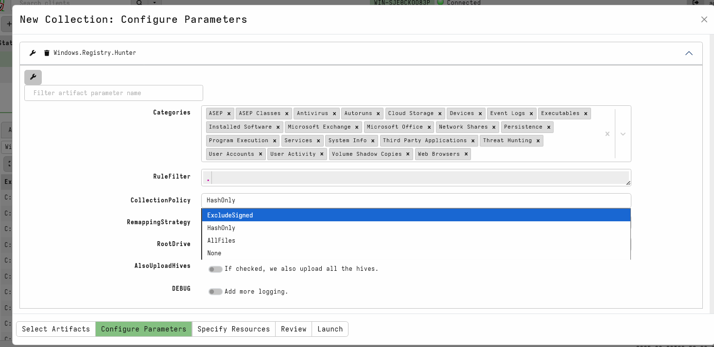 The Registry Hunter Collection options