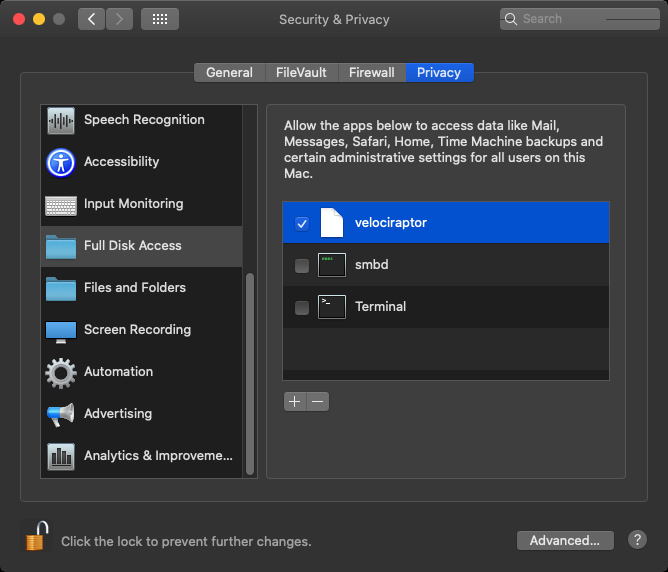Enabling Full Disk Access
