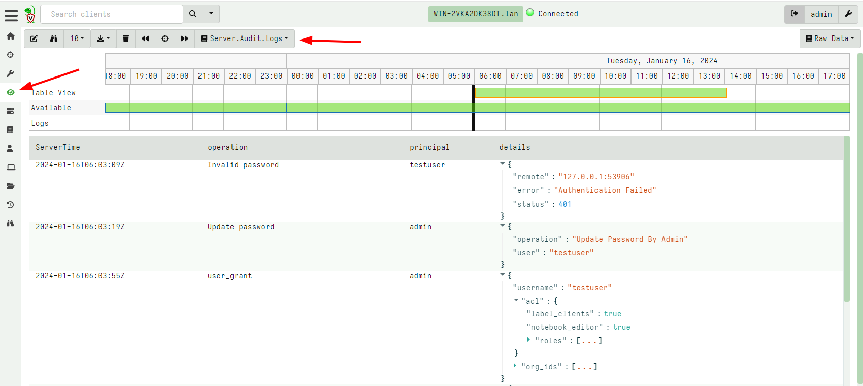 Viewing server audit logs