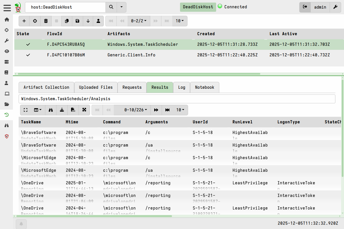 Collecting artifacts from the virtual client