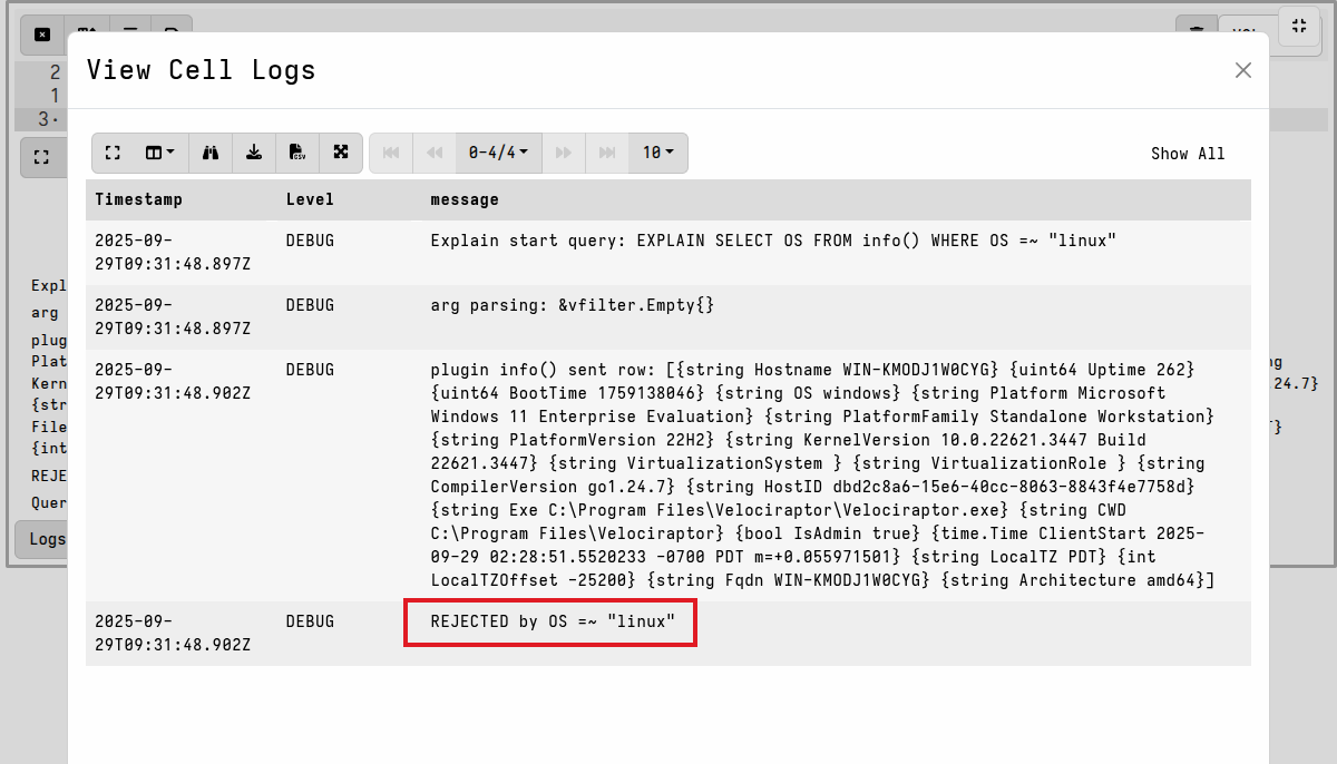 Logs view showing EXPLAIN output