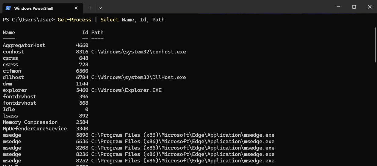Powershell snippet for listing processes